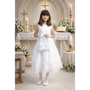 NEW Girls First Holy Communion Dress Size 7 -Satin Silver Corded Trim Tea-Length
